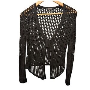 Ecote Black Crochet Knit Tie Front Long Sleeve Cardigan Sweater‎ Women Size S